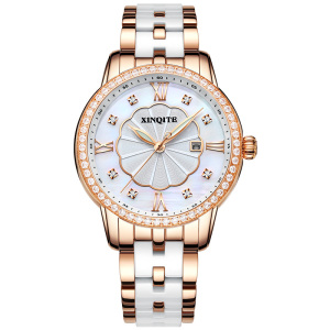 新奇特手表女款钢带商务女士陶瓷镶钻夜光防水时尚简约气质休闲圆形日历石英表中学生女表X-35