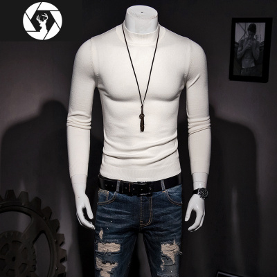 HongZun男半高领毛衣秋冬季打底衫纯色加厚毛衫修身保暖中领长袖针织衫毛衣