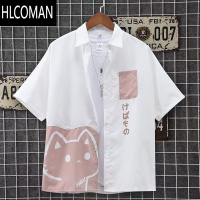 HLCOMAN夏季日系短袖衬衫男青少年卡通猫咪潮牌港风ins潮流帅气学生衬衣