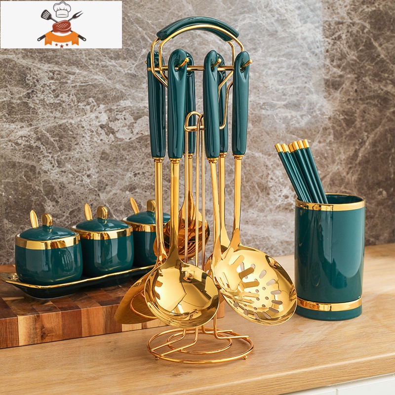 锅铲套装家用炒菜铲子304不锈钢厨房用品大全置物架可高温炒汤勺 敬平 绿金锅铲+绿金筷子筒+调味罐套装[方形]不含筷子