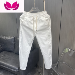 七斓新款哈伦裤男小脚休闲牛仔裤纯色百搭潮流帅气白色九分束脚裤