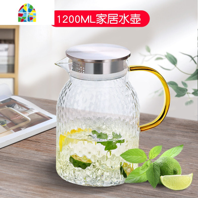 封后冷水壶套装大容量北欧家用耐热玻璃客厅创意高温超大夏天凉水壶2l FENGHO 2000ML锤纹壶+304钢盖+4支锤