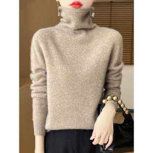 一线成衣堆堆领螺纹纯羊毛针织打底衫上衣秋冬新款套头百搭毛衣女