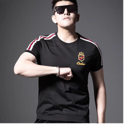 欧货男士丝光棉T恤新款夏季潮流修身小蜜蜂刺绣丝光棉潮半袖