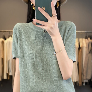 浮提花针织短袖女夏季新款圆领冰丝打底半袖宽松上衣T恤