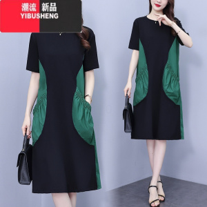 YIBUSHENG季新款遮肉显瘦拼接连衣裙时尚大码宽松胖mm洋气减龄中长款裙子