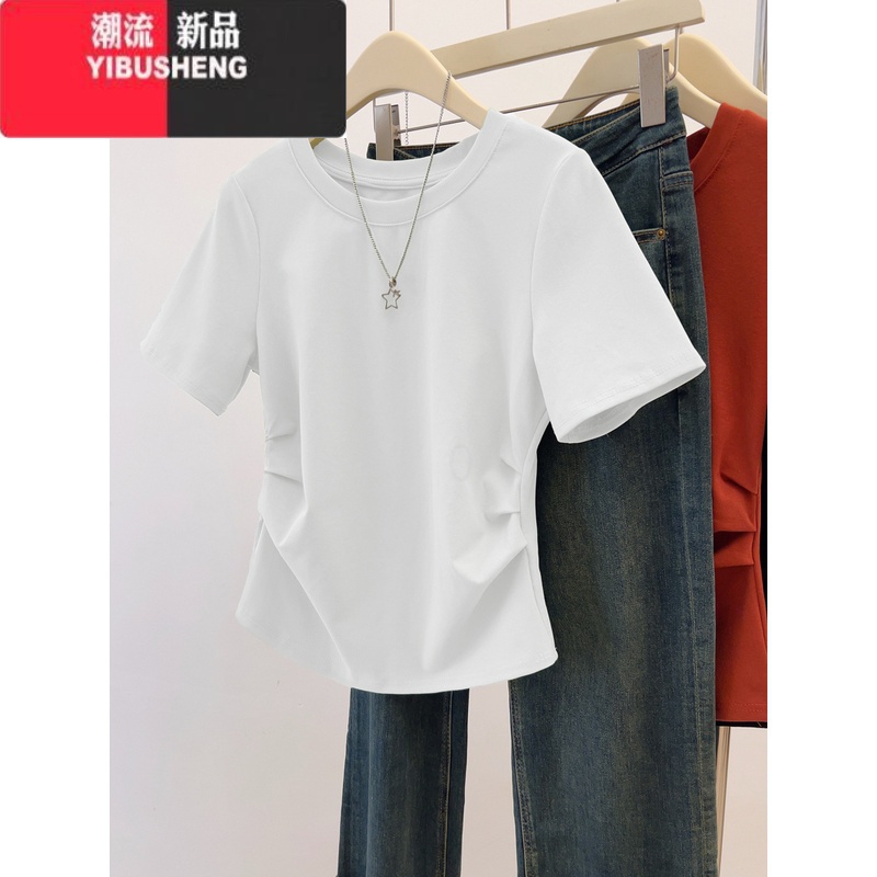 YIBUSHENG2024新款韩版季大码女装宽松遮肉显瘦洋气短袖t恤女圆领上衣女