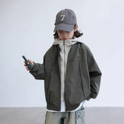 男童假两件连帽外套春秋款2026新款男孩春季夹克中大儿童春装上衣