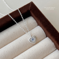 海蓝之心项链女s999足银韩版复古竖纹百搭锆石爱心锁骨链时尚轻奢送女朋友老婆情人节七夕生日礼物