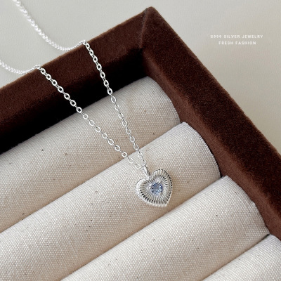 海蓝之心项链女s999足银韩版复古竖纹百搭锆石爱心锁骨链时尚轻奢送女朋友老婆情人节七夕生日礼物