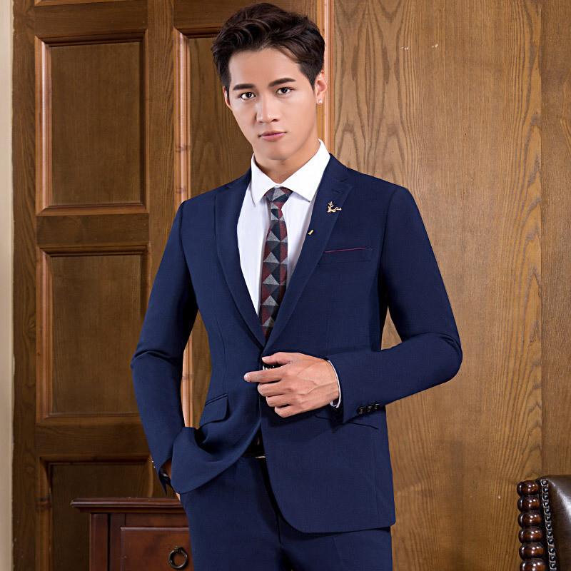 西服套装男男士西装蓝色英伦风伴郎服修身型纯色结婚礼服两件套6720两件套上衣+裤子