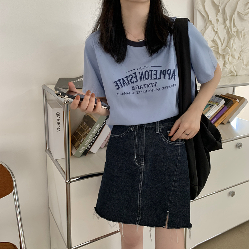 美式撞色圆领短袖T恤女夏季字母印花宽松短款复古学生上衣ins