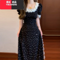 YIBUSHENG法式赫本风黑色波点连衣裙子女季2024新款小个子娃娃领绝美长裙