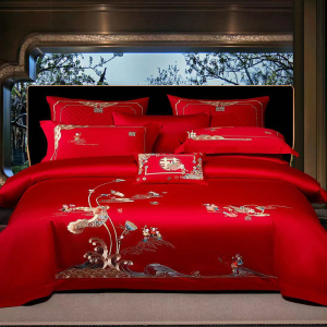 吉祥三宝家纺全棉婚庆四件套结婚刺绣新款新婚大红色婚房床单被套