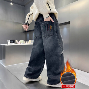 儿童装男童加绒裤子新款冬季男孩大童一体绒秋冬款加厚牛仔裤