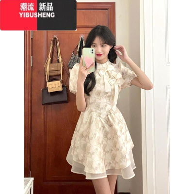 YIBUSHENG新中式泡泡袖碎花连衣裙女季小个子高级感气质收腰仙女蓬蓬短裙