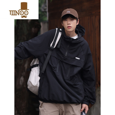 YANXU秋季新款半拉链连帽冲锋衣外套男士情侣休闲宽松夹克