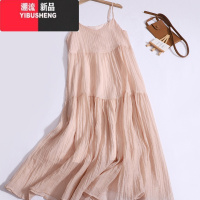 YIBUSHENG2024季新款纯色宽松拼接吊带裙小清新甜美少女感压褶无袖连衣裙