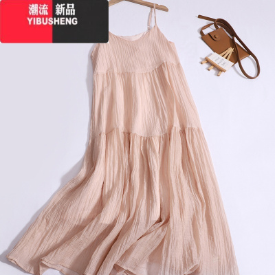 YIBUSHENG2024季新款纯色宽松拼接吊带裙小清新甜美少女感压褶无袖连衣裙