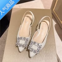 SUNTEK包头罗马凉鞋女2023年春秋新款仙女风温柔水钻尖头后绊带粗跟单鞋