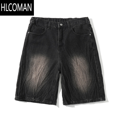 HLCOMAN重工闪电纹牛仔短裤男夏季美式高街水洗做旧宽松直筒五分裤子