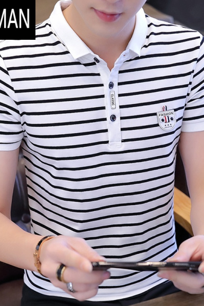 HLCOMAN男士短袖t恤修身时尚体桖夏季 潮流条纹Polo衫新款夏装