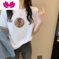 七斓圆领复古印花洋气百搭短袖黑色t恤女夏季新款2023年上衣ins潮