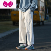 七斓工装裤子男士宽松大码运动卫裤直筒阔腿卡其色休闲长裤