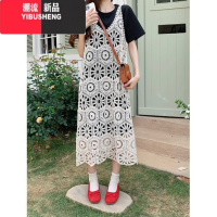 YIBUSHENG大码女装胖mm复古镂空蕾丝吊带T恤套装连衣裙背心裙度假长裙季