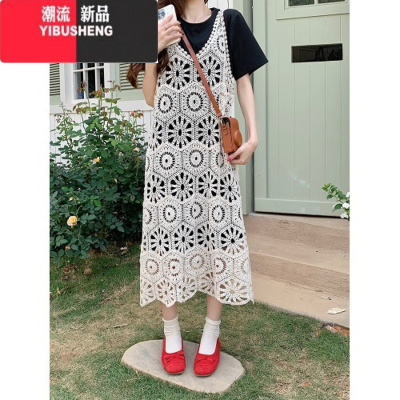 YIBUSHENG大码女装胖mm复古镂空蕾丝吊带T恤套装连衣裙背心裙度假长裙季