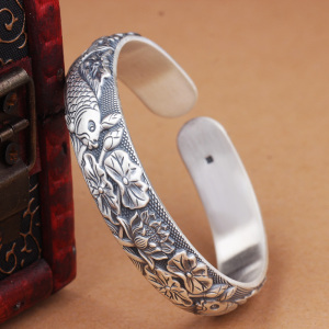 银手镯9999纯银女开口实心双鱼浮雕中国风鱼戏莲复古银镯子送女朋友老婆情人节七夕生日礼物 均色