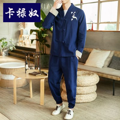 卡禄奴2021中国风刺绣棉麻汉服男士中山装套装复古亚麻唐装潮牌男装夹克外套