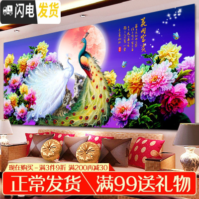 三维工匠钻石画新款大幅客厅满钻花好月圆孔雀贴砖2019大气自己 炫彩魔方+异形[88*43厘米]多送钻量30贴两十字绣