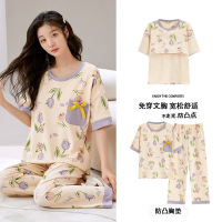 睡衣女夏季一体式带胸垫棉质短袖套装可爱休闲家居服加大码可外穿_1