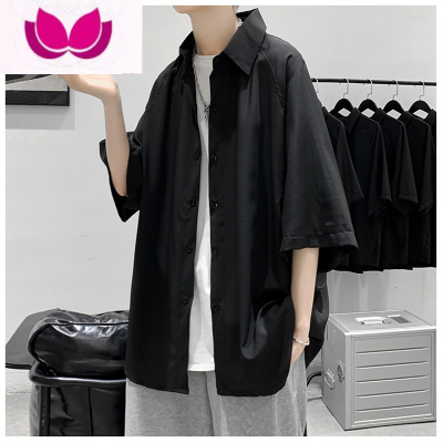 七斓中袖衬衫男夏季2023新款潮流痞帅高级感冰丝垂感宽松休闲短袖衬衣