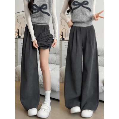 灰色西装裤女新款秋冬季灯芯绒裤子加绒加厚小个子休闲阔腿裤_452