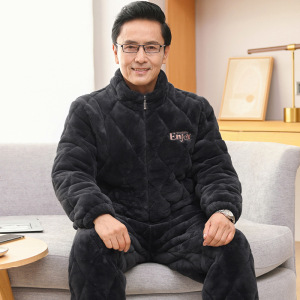 冬季睡衣男拉链立领长袖法兰绒夹棉保暖外穿中老年爸爸珊瑚绒睡衣_1