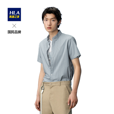 HLA海澜之家竖条纹休闲衬衫2021夏季洗水工艺棉质短衬男HNECD2D045A
