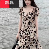 YIBUSHENG季女装2024年新款高级感桔梗茶歇法式黑色碎花连衣裙子仙女长裙