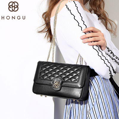 红谷牛皮女包迷你小包包菱格链条包小香风斜挎包女百搭斜跨单肩包漆黑经典款