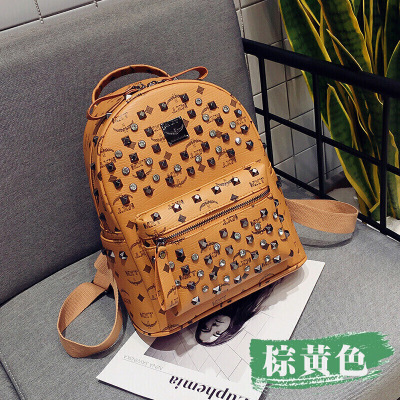 新款时尚小背包女韩版柳钉休闲复古定型镶钻百搭小清新新款双肩包-定制棕黄色镶钻棕黄色镶钻