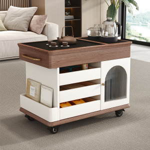 青木川 简约现代轻奢实木沙发边几侧边柜客厅阳台可移动家用小户型小茶台带烧水壶一体茶吧机角几长方形茶几泡茶桌