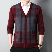 秋冬男针织开衫新款条纹单排扣中老年款爸爸装拼色外搭衫