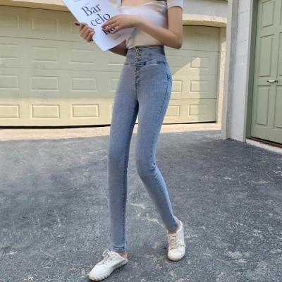 2021年春装时尚高腰单排扣小脚铅笔裤女弹力牛仔裤9935八爸八妈