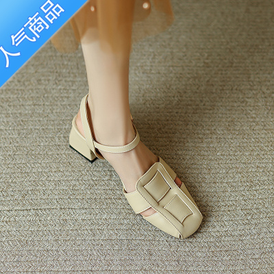 SUNTEK罗马镂空中跟包头凉鞋女夏季复古百搭仙女风配裙子编织粗跟高跟鞋