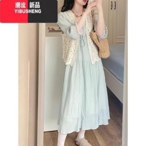 YIBUSHENG装一整套复古镂空马甲开衫配裙子套装大码茶歇法式连衣裙女季