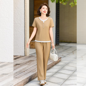 短袖妈妈装休闲套装时尚简约中老年女装40岁洋气衣服50岁大码宽松