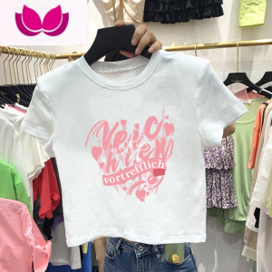 七斓辣妹BM风日系夏季爱心印花短袖T恤女潮牌宽松短款小个子黑色上衣