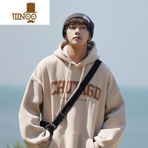 YANXU美式字母连帽卫衣男秋季宽松日系复古上衣黑色加绒加厚外套Y