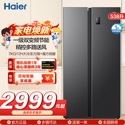 海尔(Haier)538升对开门嵌入冰箱 一级双变频节能 精控多路送风 智+魔方视窗 BCD-538WGHSSEDB9